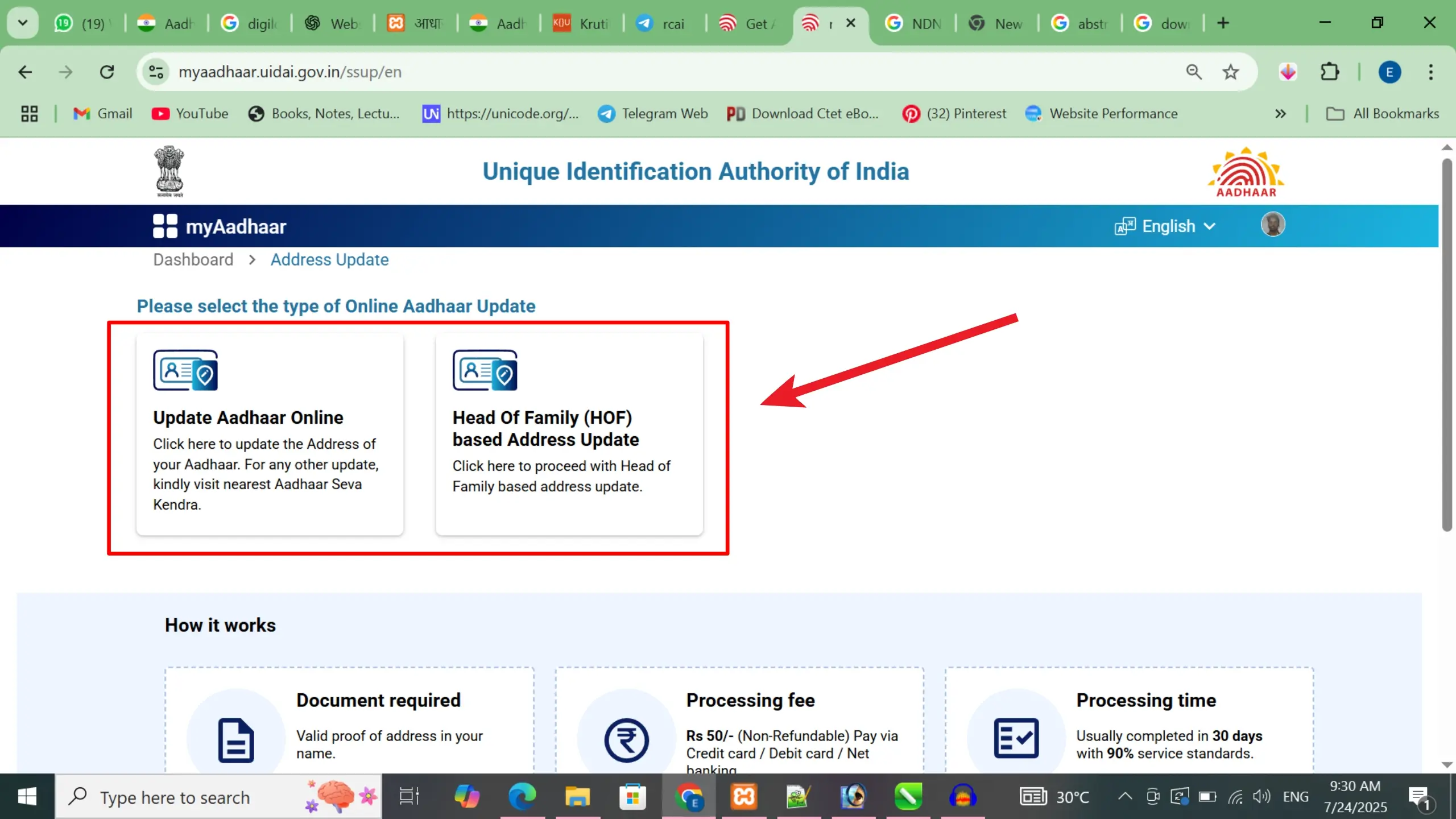 Update Aadhaar Online Option