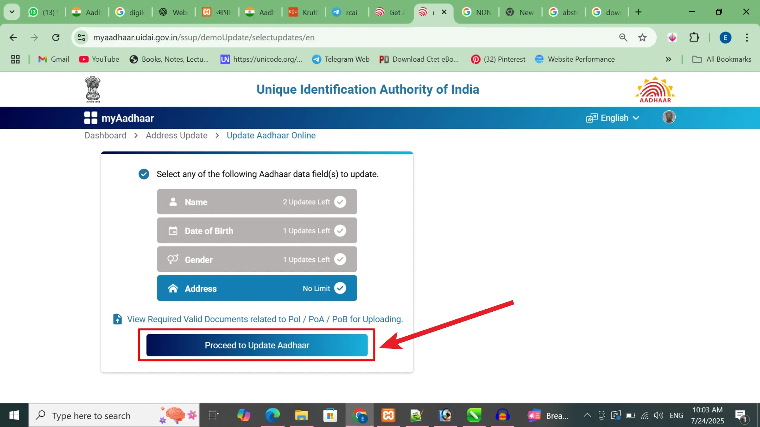 Proceed to Update Aadhaar Button